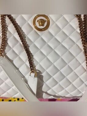 Versace White Quilted Shoulder Bag with Gold Medusa Emblem